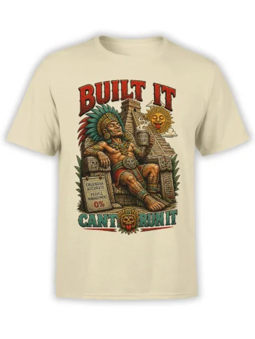 Beige T-shirt with seated ancient ruler, temple artwork, sun face, and sarcastic people management text