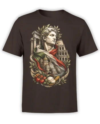Brown T-shirt with a classical Roman bust, laurel leaves, ancient buildings, and a Mediterranean food arrangement