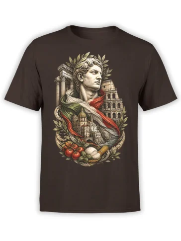 Brown T-shirt with a classical Roman bust, laurel leaves, ancient buildings, and a Mediterranean food arrangement