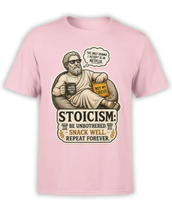 Pink stoicism T-shirt with a classical philosopher, sunglasses, snack bag, and humorous philosophy message