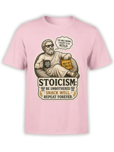 Pink stoicism T-shirt with a classical philosopher, sunglasses, snack bag, and humorous philosophy message