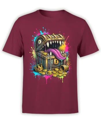 Toothy treasure chest creature with gold coins and a purple tongue on a burgundy graphic T-shirt