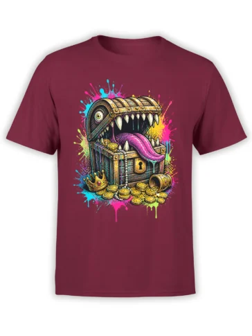 Toothy treasure chest creature with gold coins and a purple tongue on a burgundy graphic T-shirt