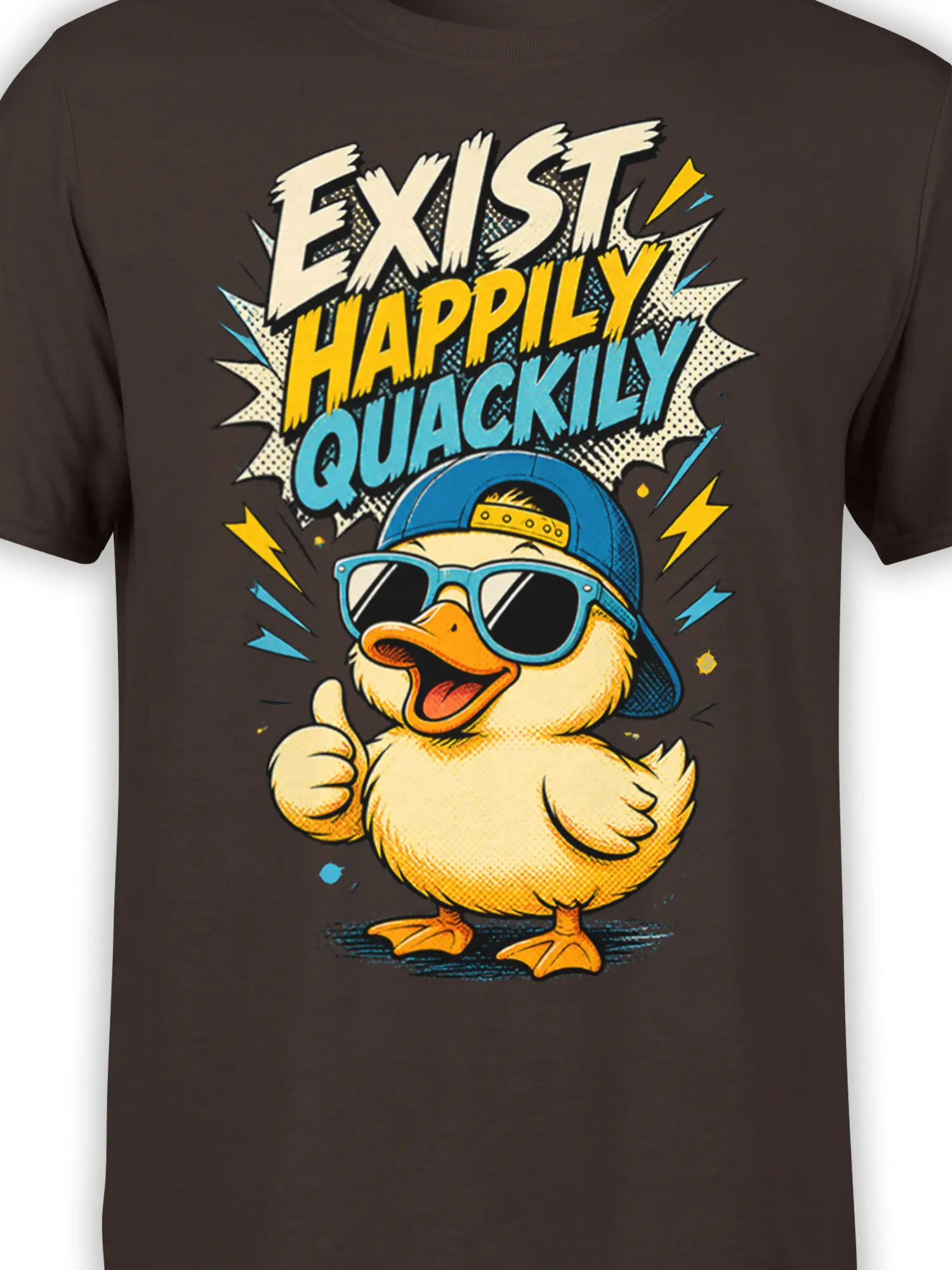 Close-up of yellow duck artwork, blue sunglasses, cap, and “EXIST HAPPILY QUACKILY” text on a brown shirt