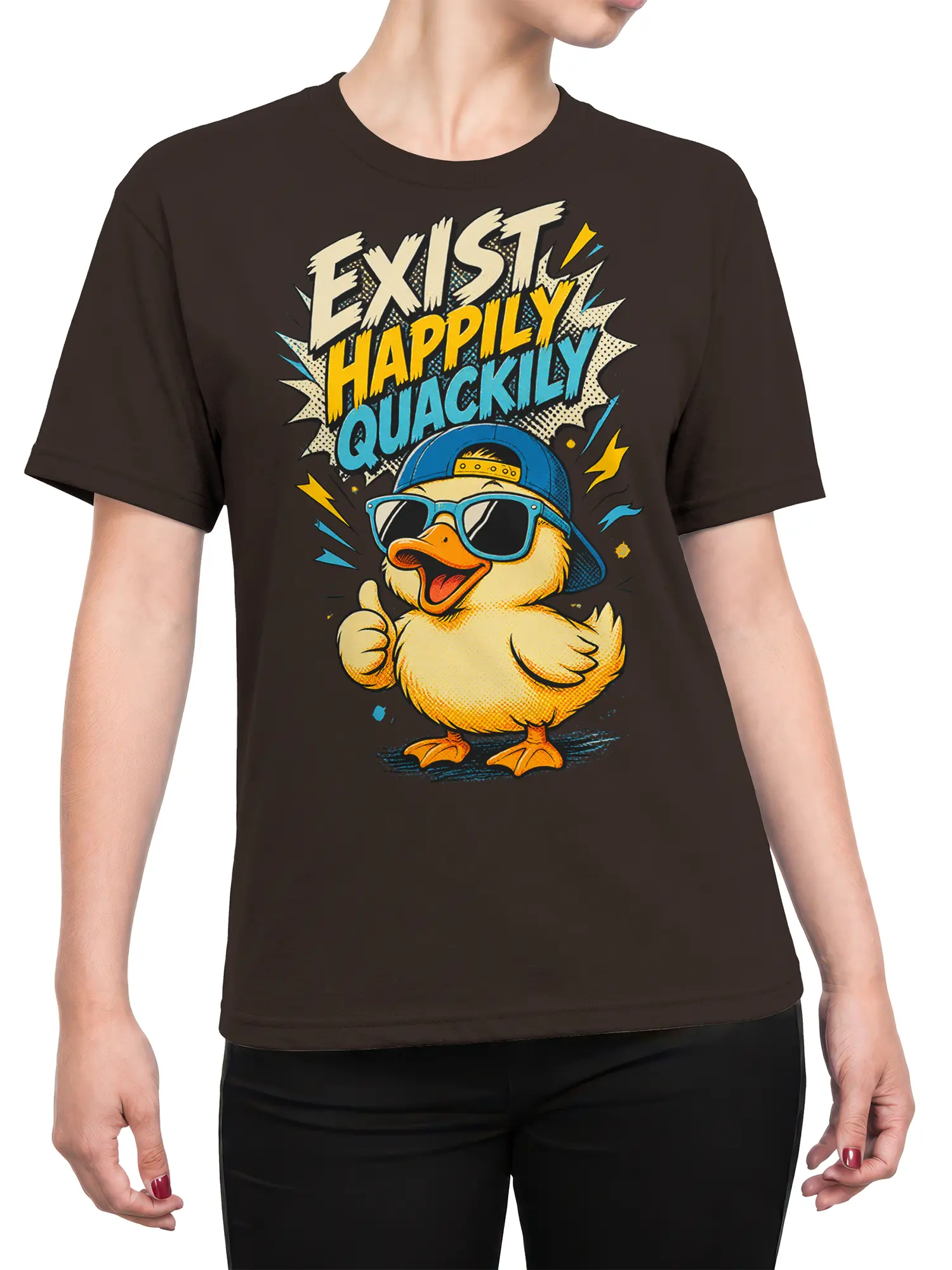 Female torso wearing a brown duck T-shirt with blue sunglasses, colorful lettering, and a cheerful comic-style graphic