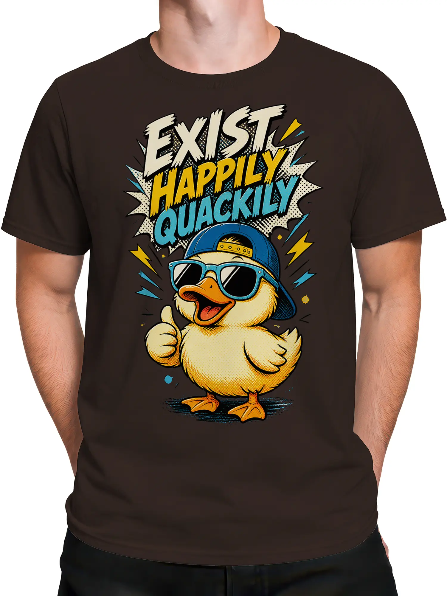 Male torso wearing a brown duck T-shirt with a cheerful yellow duck, blue sunglasses, and bold comic lettering