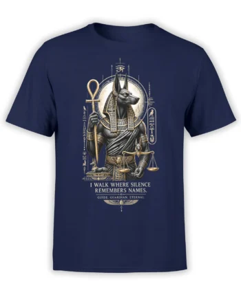 Anubis Egyptian guardian graphic on a navy T-shirt with hieroglyphs, scales, and the phrase I Walk Where Silence Remembers Names