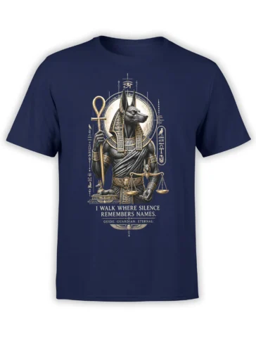 Anubis Egyptian guardian graphic on a navy T-shirt with hieroglyphs, scales, and the phrase I Walk Where Silence Remembers Names