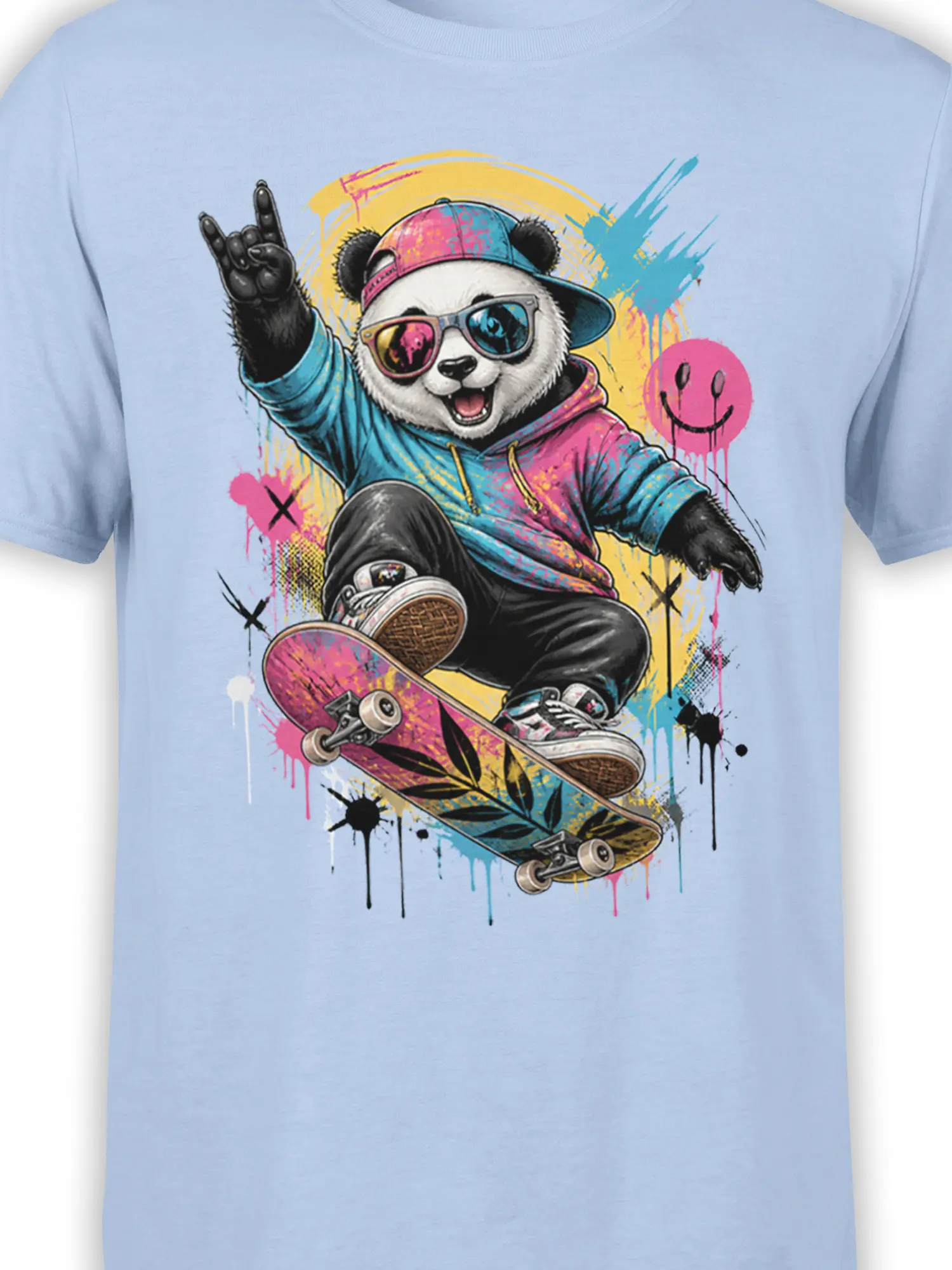 Close-up of panda skateboard artwork with sunglasses, colorful hoodie, paint splashes, and skateboard details