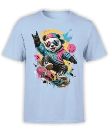 Colorful panda skateboard design with sunglasses, cap, hoodie, and graffiti splashes on a light blue shirt
