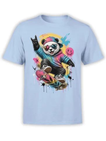 Colorful panda skateboard design with sunglasses, cap, hoodie, and graffiti splashes on a light blue shirt