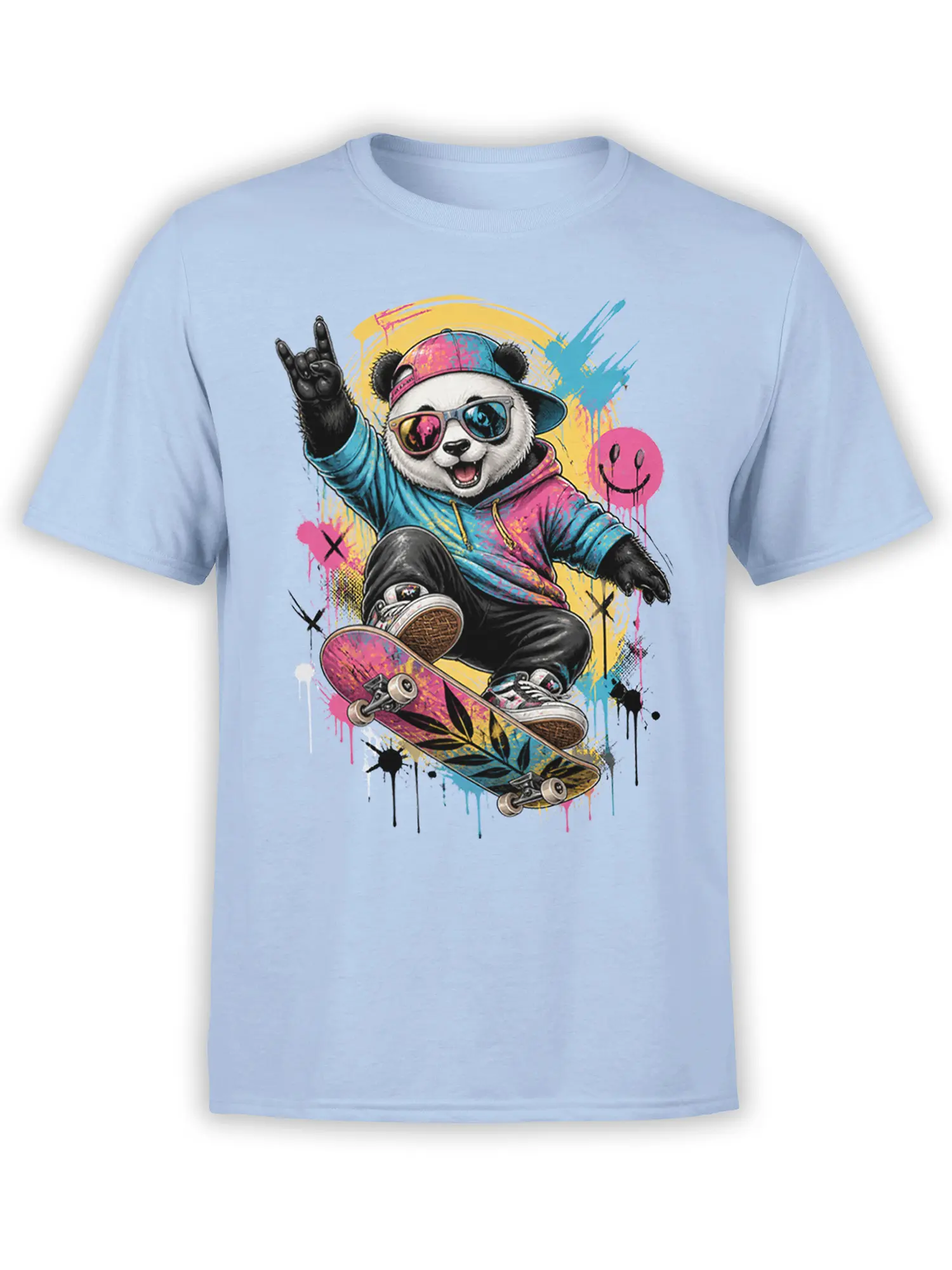 Colorful panda skateboard design with sunglasses, cap, hoodie, and graffiti splashes on a light blue shirt