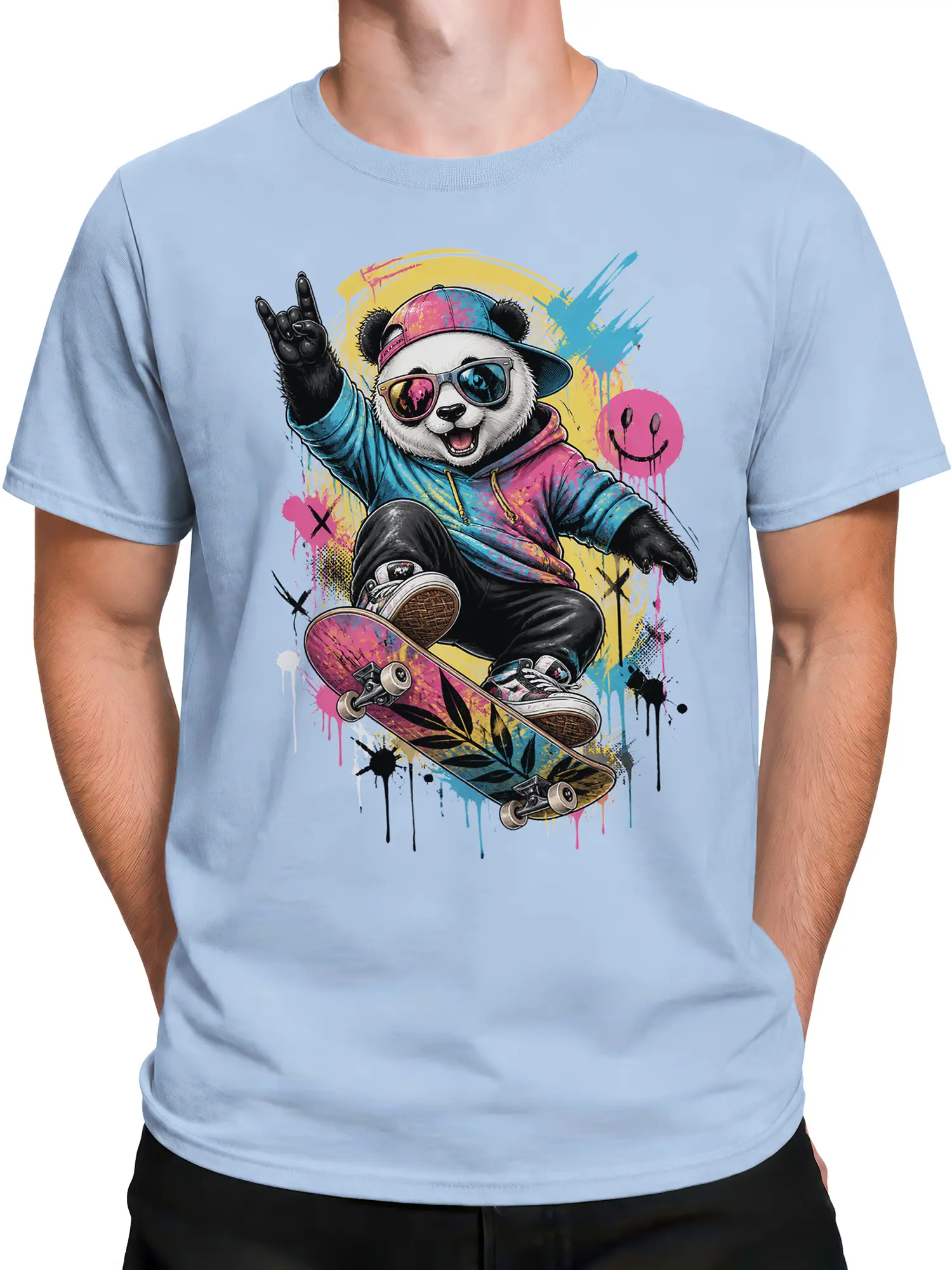 Male torso wearing a light blue panda skateboard shirt with sunglasses, graffiti splashes, and urban skate artwork