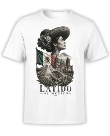 White T-shirt with Mexican heritage artwork, floral sombrero portrait, flag, pyramid, cathedral, volcano, and eagle