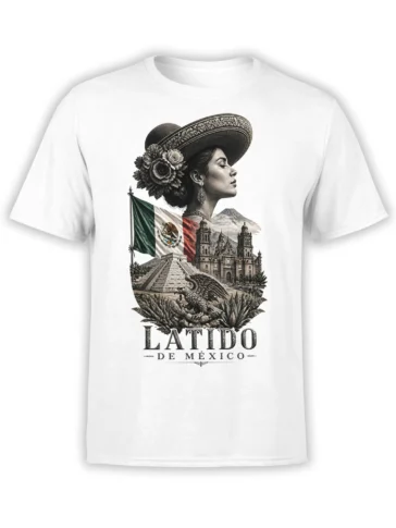 White T-shirt with Mexican heritage artwork, floral sombrero portrait, flag, pyramid, cathedral, volcano, and eagle