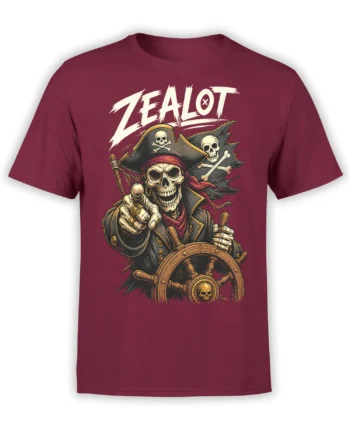 Skeleton pirate captain at a ship wheel with skull flags and “ZEALOT” lettering on a burgundy T-shirt