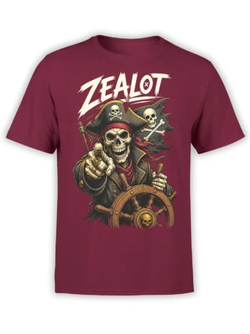 Skeleton pirate captain at a ship wheel with skull flags and “ZEALOT” lettering on a burgundy T-shirt