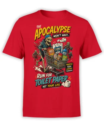 Red zombie apocalypse T-shirt with skeleton shopper, zombies, toilet paper, and survival supplies