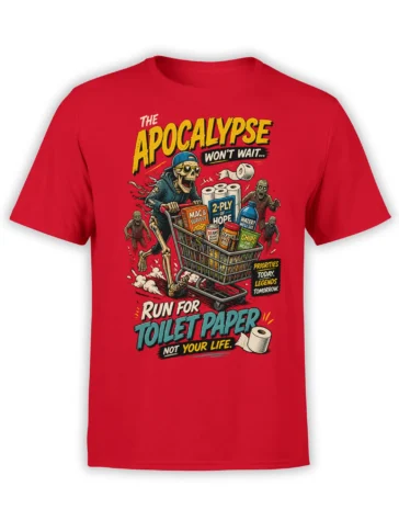 Red zombie apocalypse T-shirt with skeleton shopper, zombies, toilet paper, and survival supplies