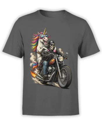 Gray T-shirt with a rainbow-maned unicorn and skeleton biker riding a flaming motorcycle