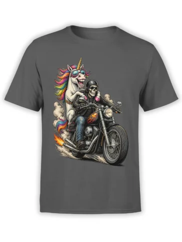 Gray T-shirt with a rainbow-maned unicorn and skeleton biker riding a flaming motorcycle