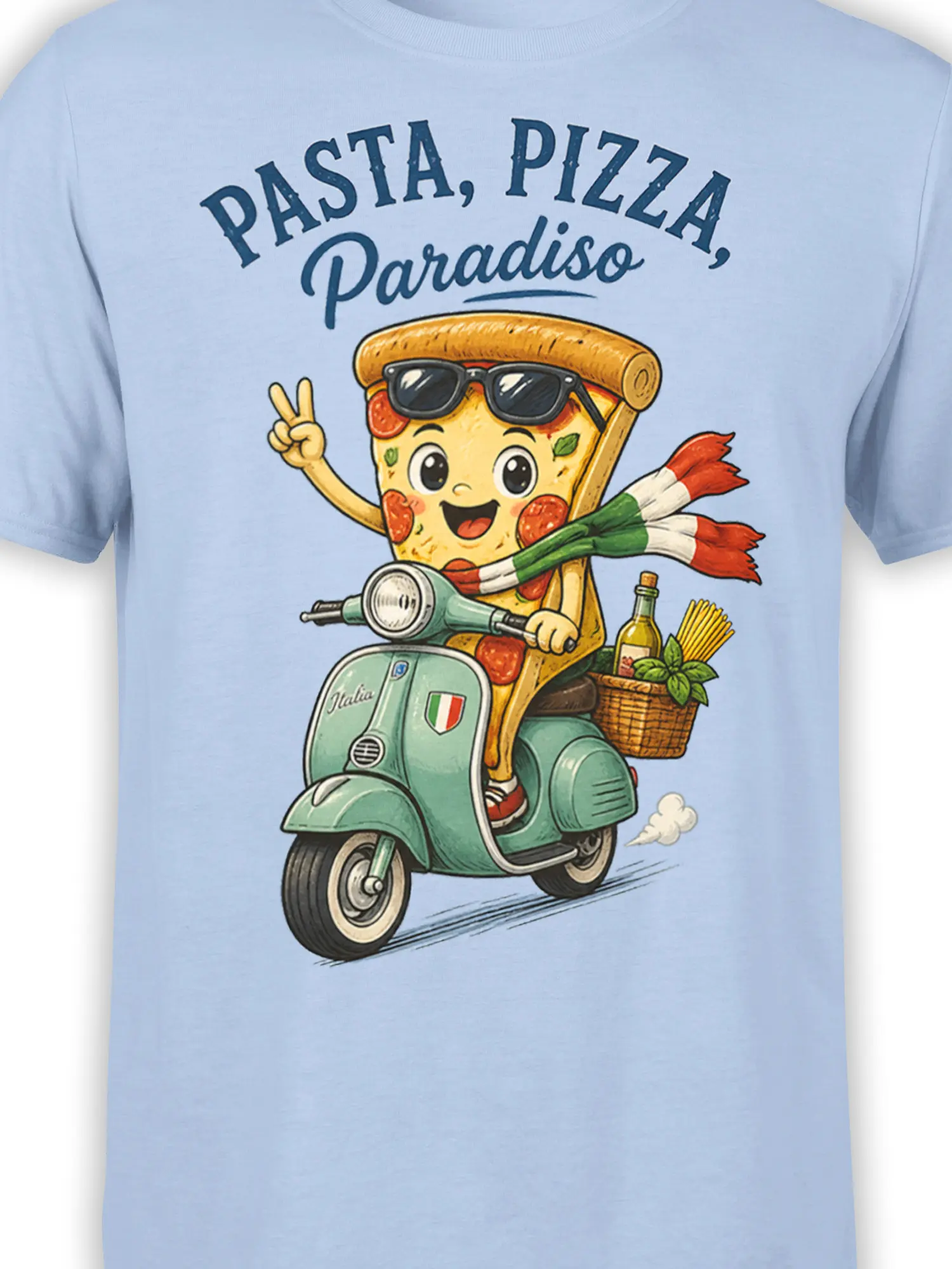 Close-up of the pizza scooter graphic, sunglasses, scarf, pasta basket, and Paradiso lettering on a light blue shirt
