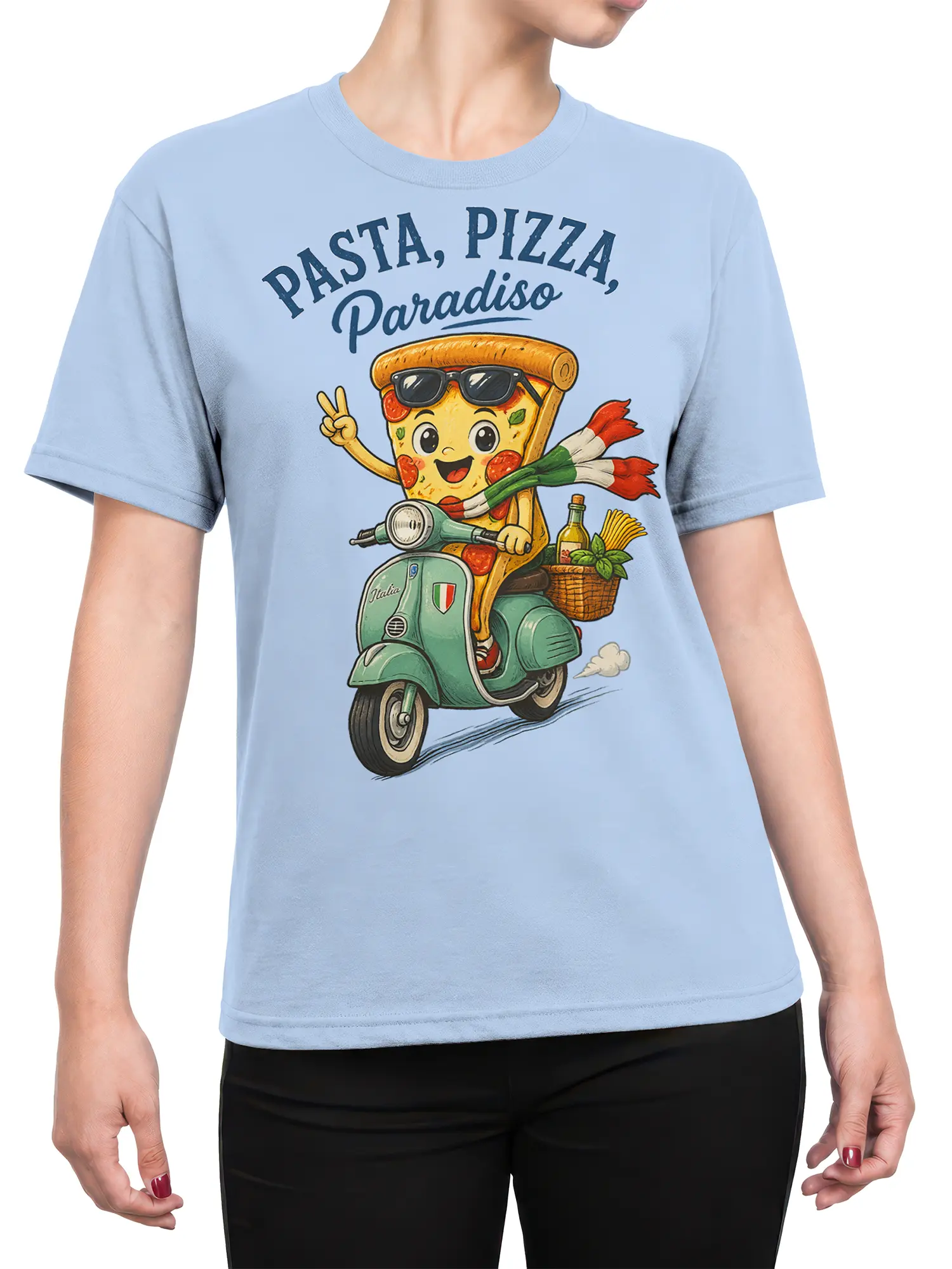 Female torso wearing a light blue pizza scooter T-shirt with pasta and Paradiso artwork
