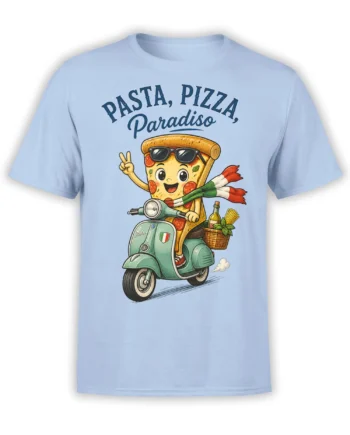 Light blue T-shirt with a cheerful pizza slice riding a scooter beneath Pasta, Pizza, Paradiso text