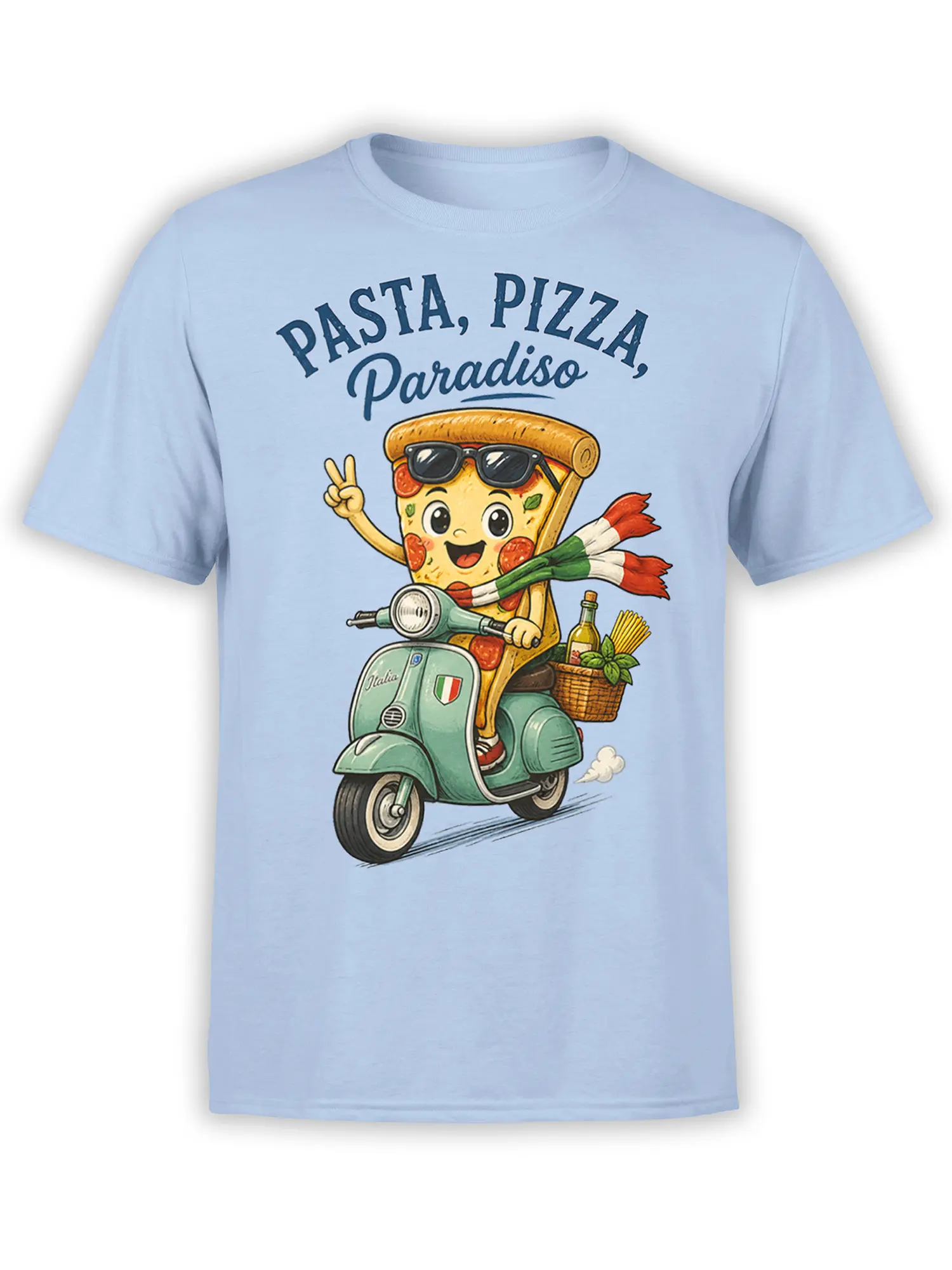 Light blue T-shirt with a cheerful pizza slice riding a scooter beneath Pasta, Pizza, Paradiso text