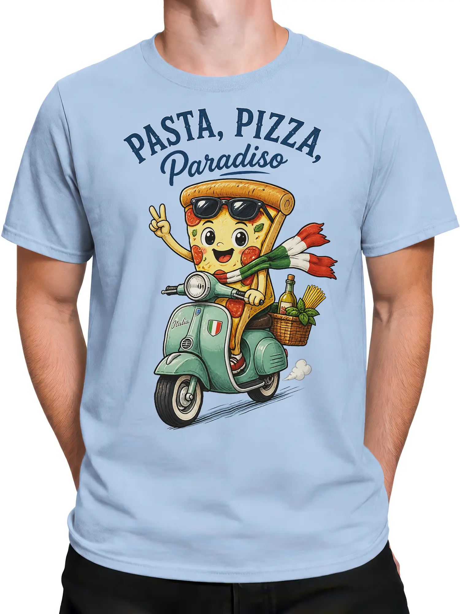 Male torso wearing a light blue Italian food T-shirt with a pizza slice riding a scooter