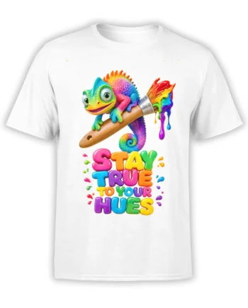 White chameleon artist T-shirt with rainbow paintbrush and “Stay True to Your Hues” design
