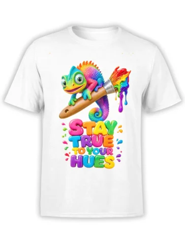 White chameleon artist T-shirt with rainbow paintbrush and “Stay True to Your Hues” design