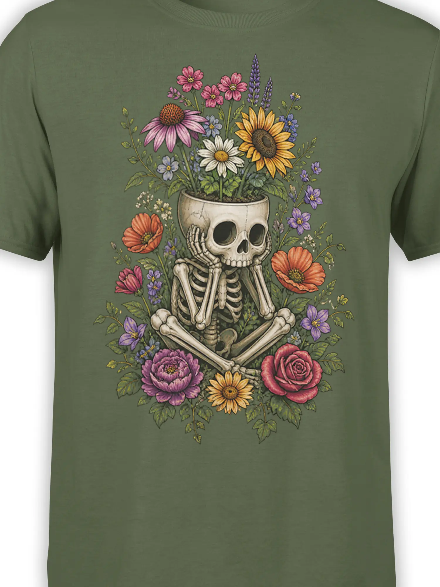 Close-up of floral skeleton artwork with colorful flowers on an olive green T-shirt