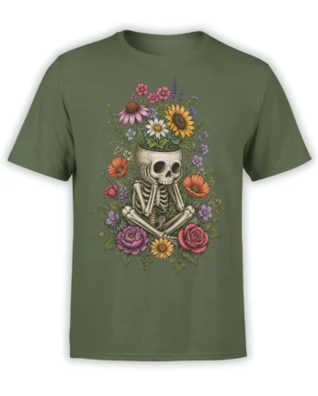Olive green T-shirt with a seated skeleton surrounded by colorful flowers and botanical details