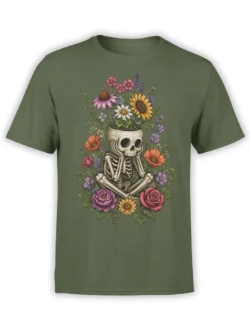 Olive green T-shirt with a seated skeleton surrounded by colorful flowers and botanical details