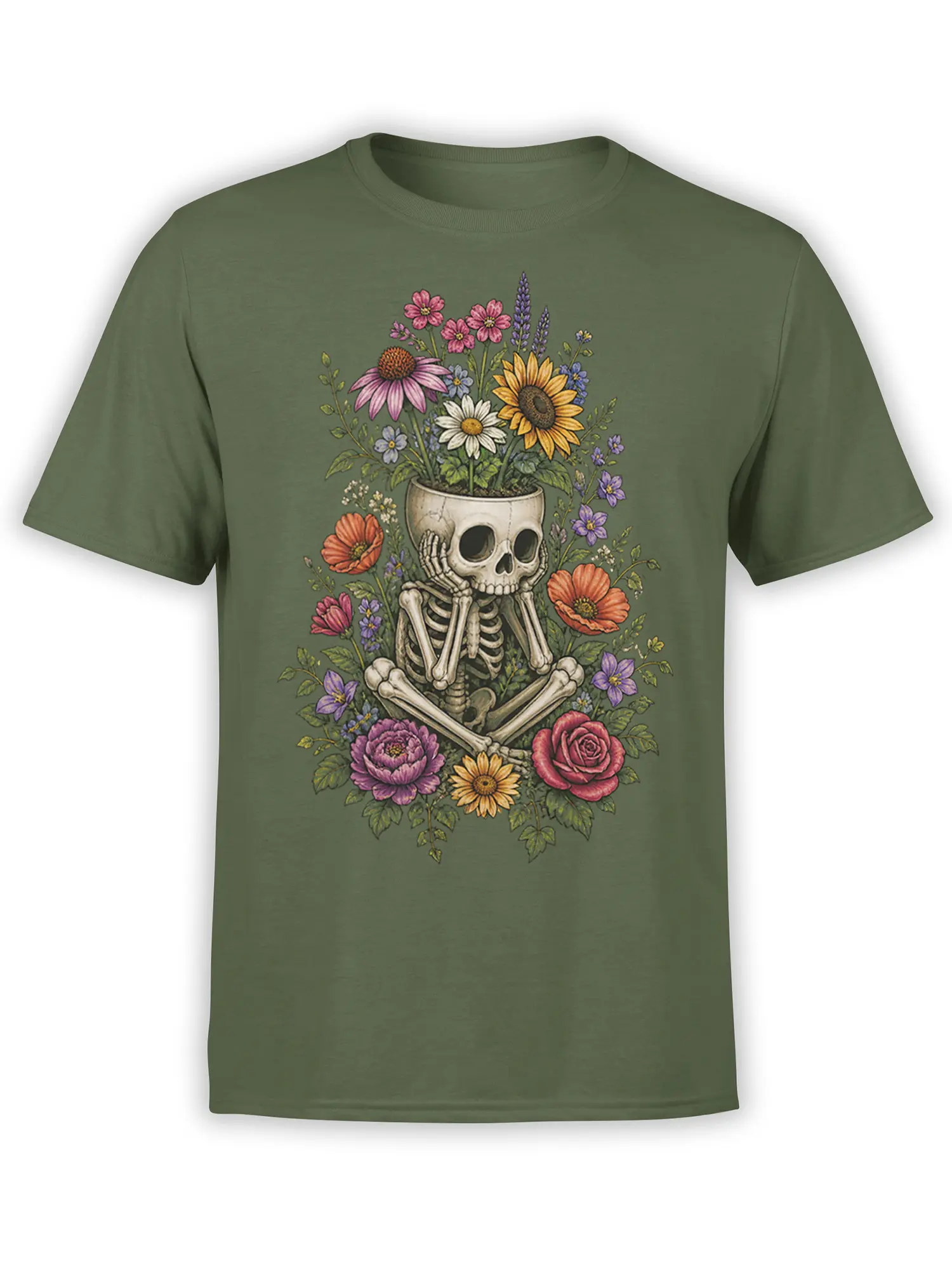 Olive green T-shirt with a seated skeleton surrounded by colorful flowers and botanical details