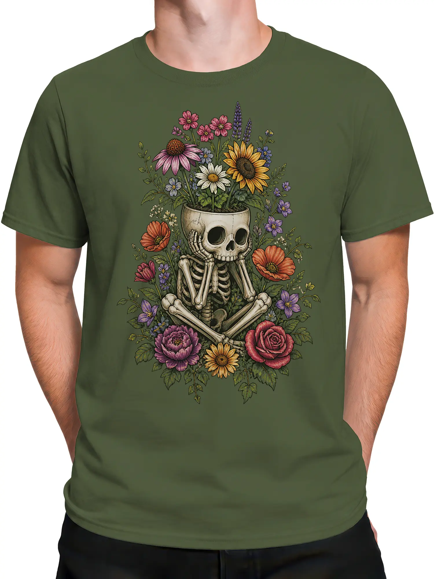 Male torso wearing an olive green T-shirt with a floral skull and skeleton graphic