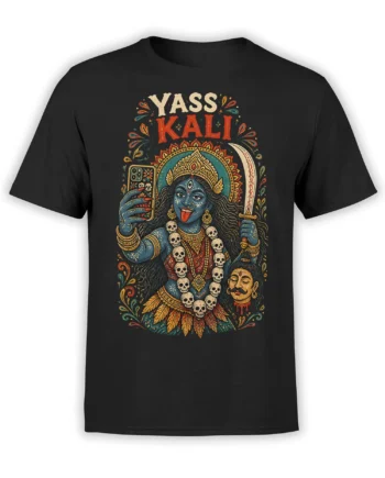 Black Kali goddess T-shirt with colorful crown, sword, skull garland, and bold YASS KALI lettering