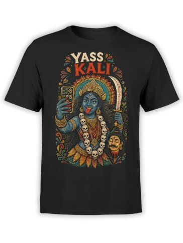Black Kali goddess T-shirt with colorful crown, sword, skull garland, and bold YASS KALI lettering