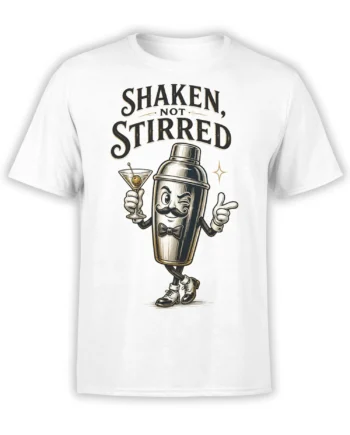 White T-shirt with a dapper cocktail shaker, martini glass, bow tie, and Shaken Not Stirred lettering