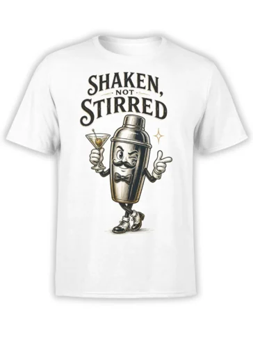 White T-shirt with a dapper cocktail shaker, martini glass, bow tie, and Shaken Not Stirred lettering