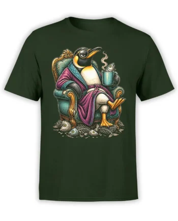 Dark green T-shirt with an elegant robed penguin in glasses holding a fish-filled mug
