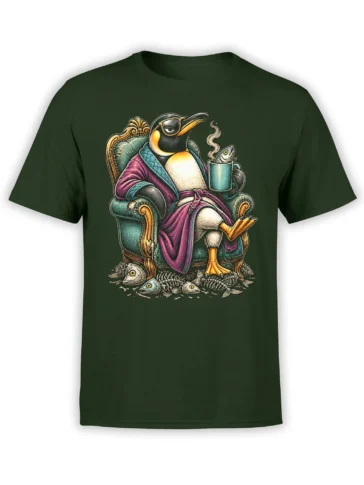Dark green T-shirt with an elegant robed penguin in glasses holding a fish-filled mug