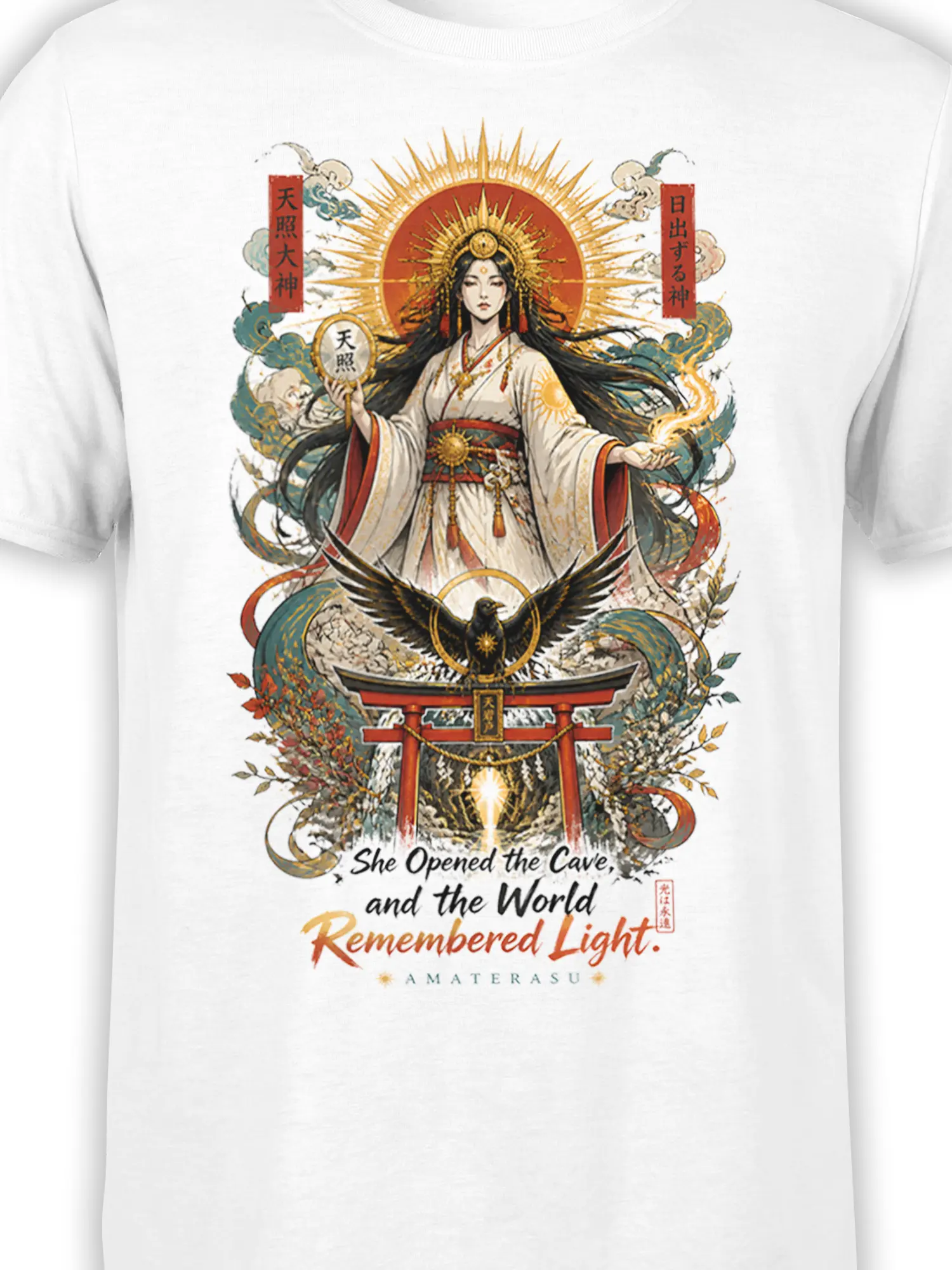 Close-up of Amaterasu artwork with golden halo, flowing hair, black crow, torii gate, and text on white fabric
