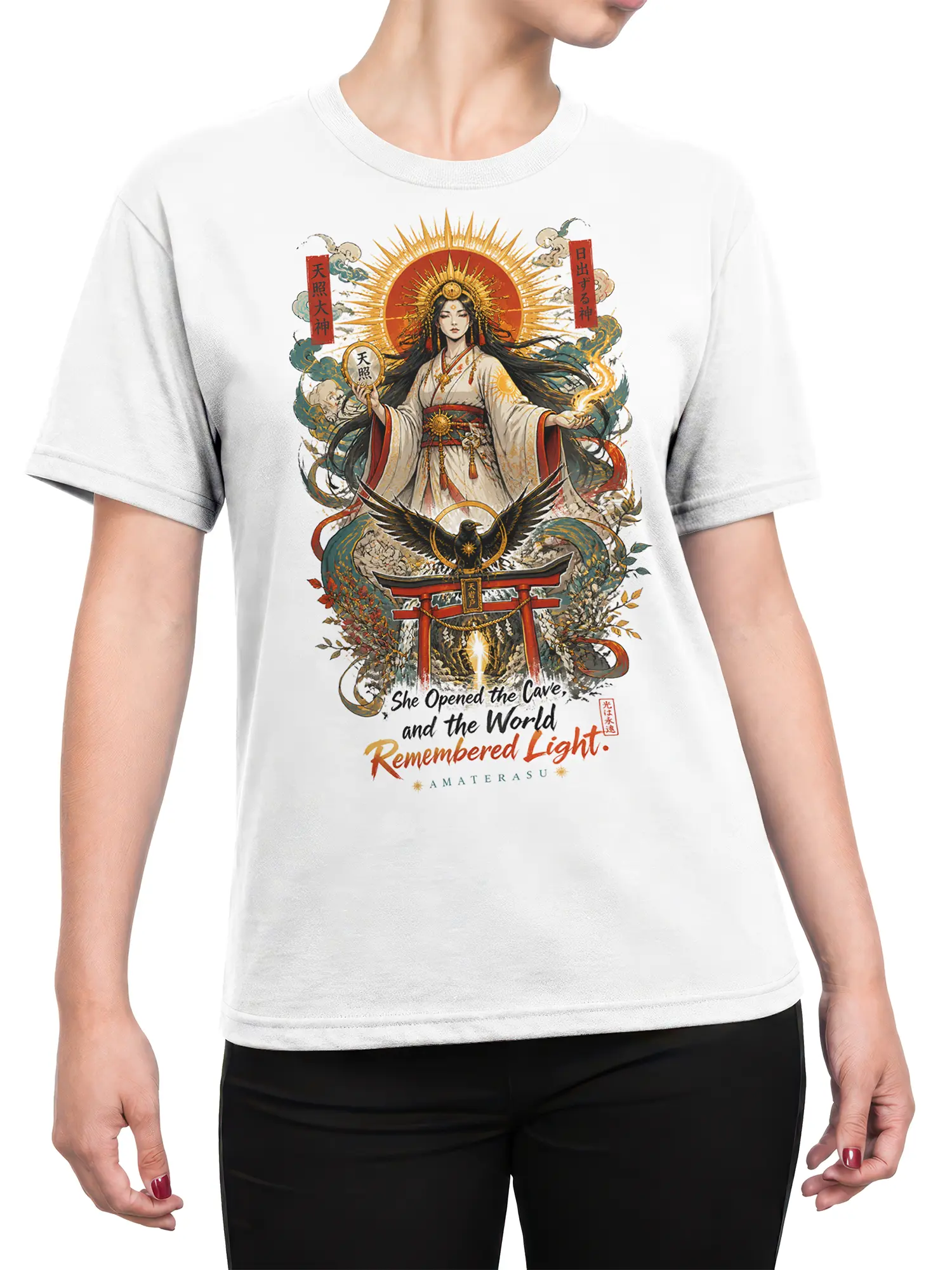 Female torso wearing a white Amaterasu T-shirt with a radiant sun, black crow, red torii gate, and mythological artwork