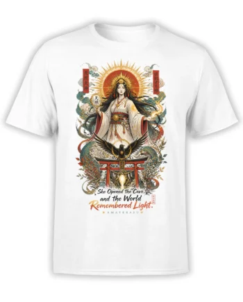 White T-shirt with Amaterasu, golden sun rays, a black crow, torii gate, and mythological text