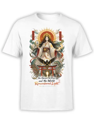White T-shirt with Amaterasu, golden sun rays, a black crow, torii gate, and mythological text