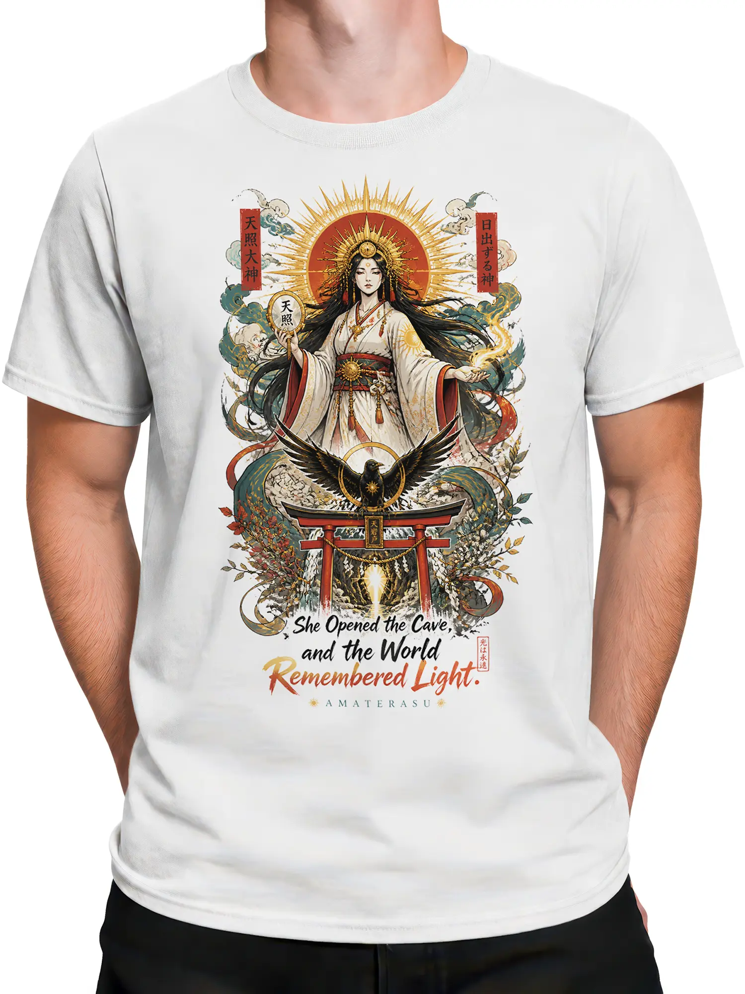 Male torso wearing a white Amaterasu mythology T-shirt with golden rays, crow, torii gate, and symbolic artwork