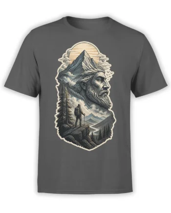 Gray mountain t-shirt with a vintage bearded sage, lone hiker, pine trees, clouds, and layered peaks