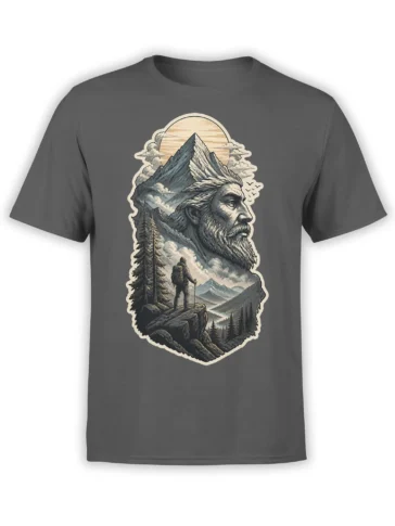 Gray mountain t-shirt with a vintage bearded sage, lone hiker, pine trees, clouds, and layered peaks